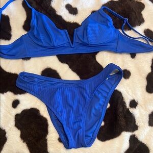 Shade & Shore Blue Bikini Set Ribbed V-Neck